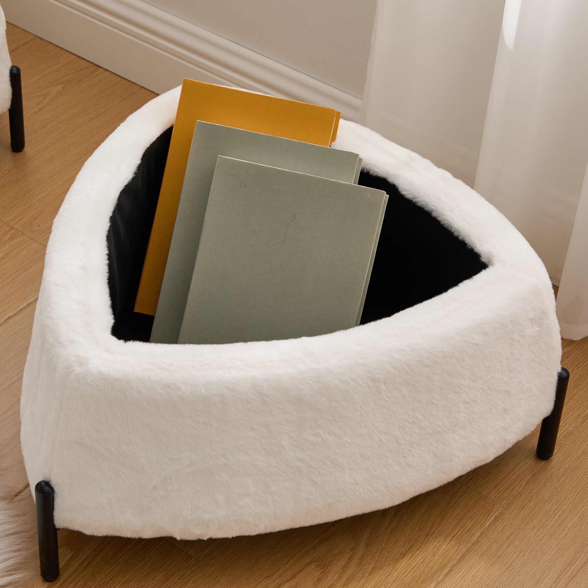 Ivory Faux Fur Upholstered Storage Ottoman Set with Metal Legs