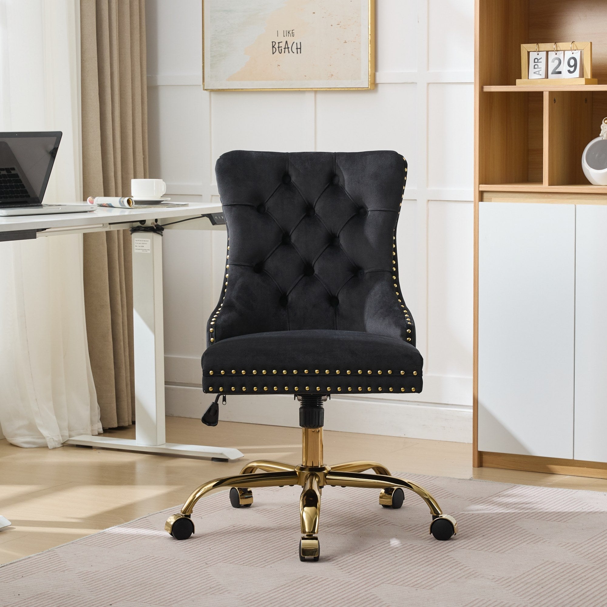 Swivel Office Chair Velvet Black Tufted Button Gold Metal Base 24.8x38.6 In