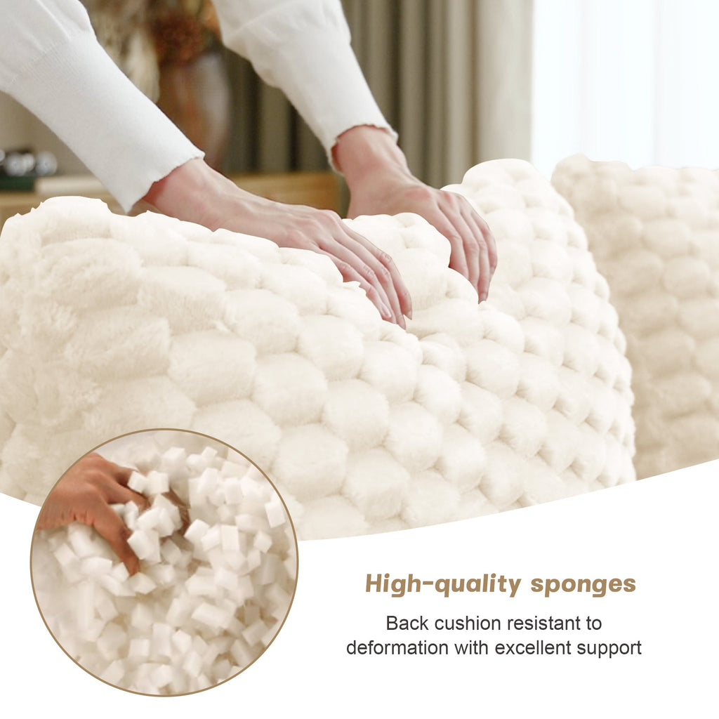 Sectional loveseat L-Shape Flannelette Cream 2 Seat with Ottoman 82 In