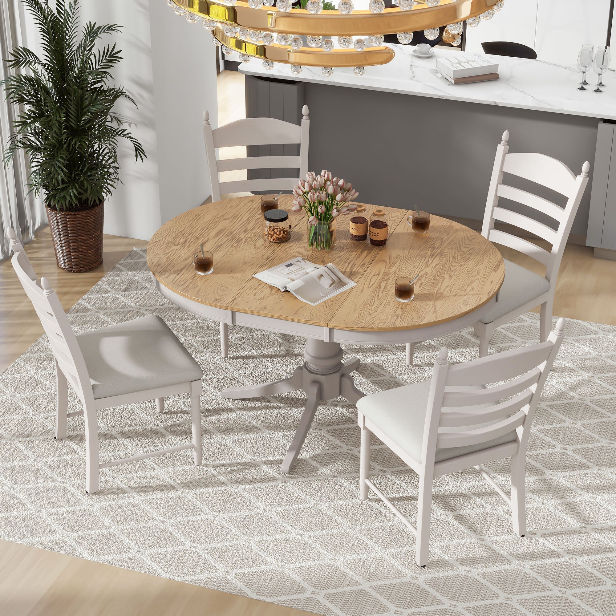 5-Piece Retro Functional Dining Table Set Wood Round Extendable Dining Table