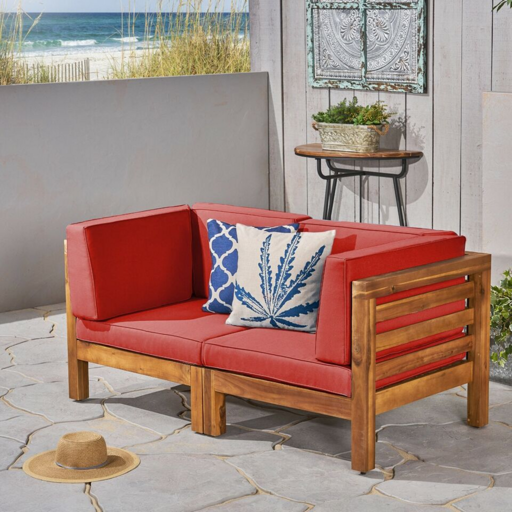 2-Piece Love Seat Set with Water-Resistant Cushions, Red, Acacia Wood Frame,