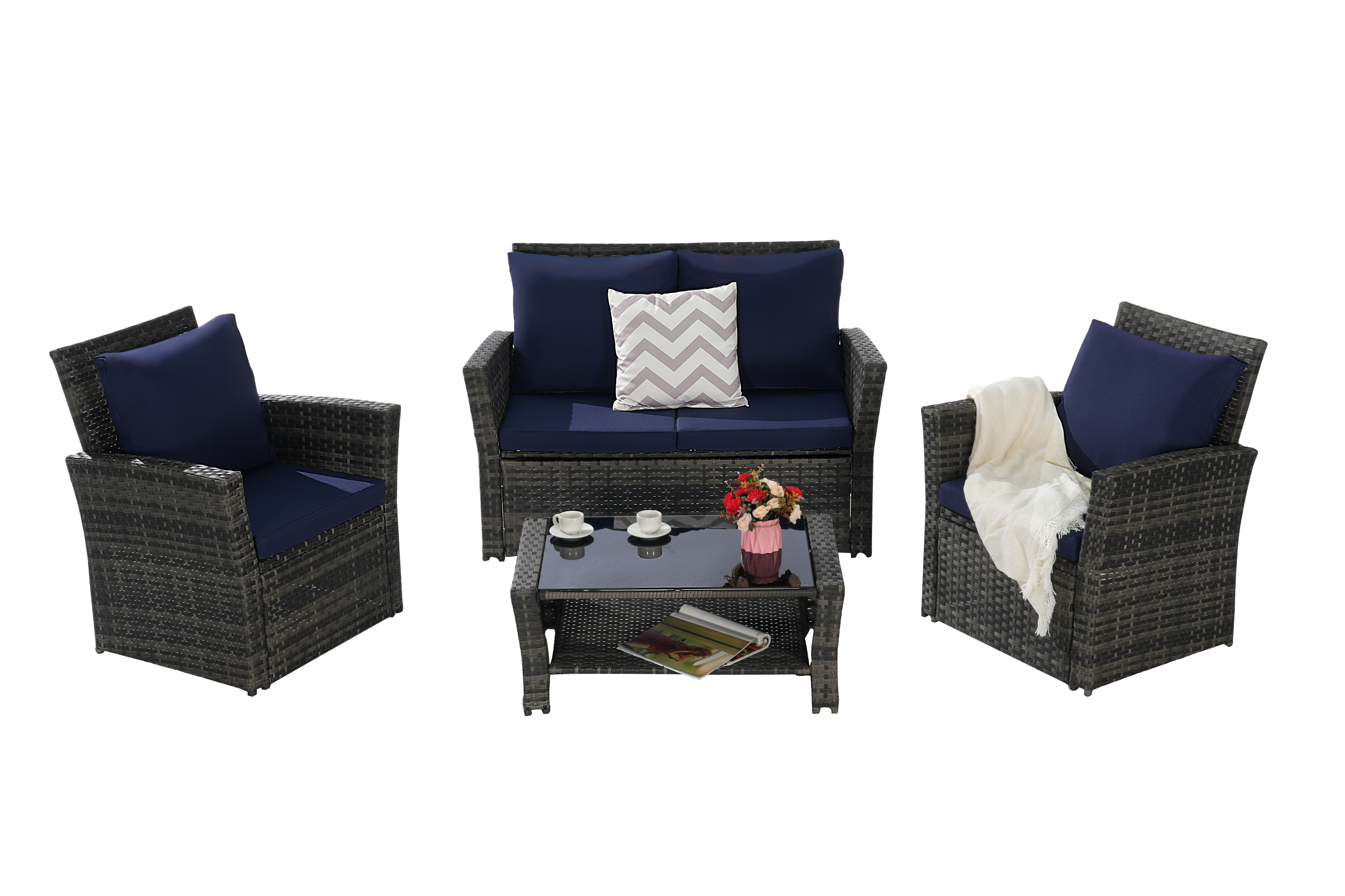 Outdoor Patio Set PE Rattan Steel Dark Blue 4 Piece Glass Seats 4