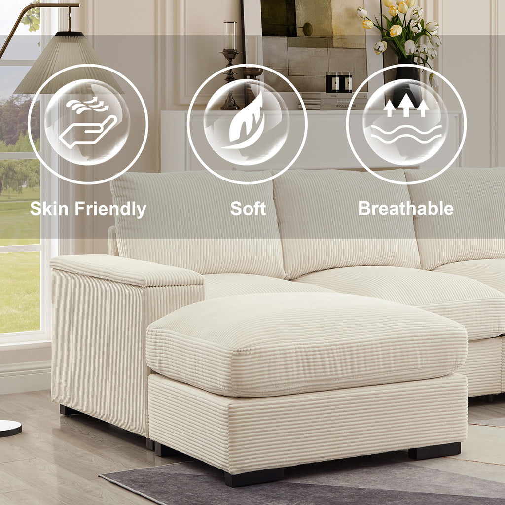 Sectional Sofa U-Shape Corduroy Beige 4 Seat 122 In 2 Ottomans