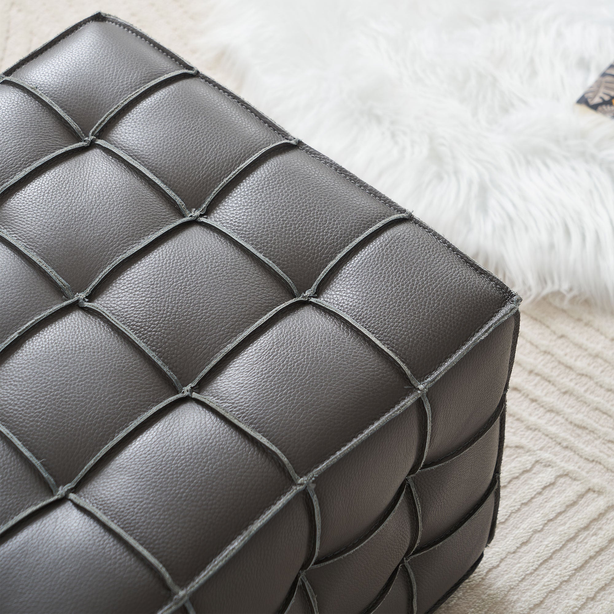 17.32 Inch Quality Leather Tufted Square Ottoman Footstool, Grey