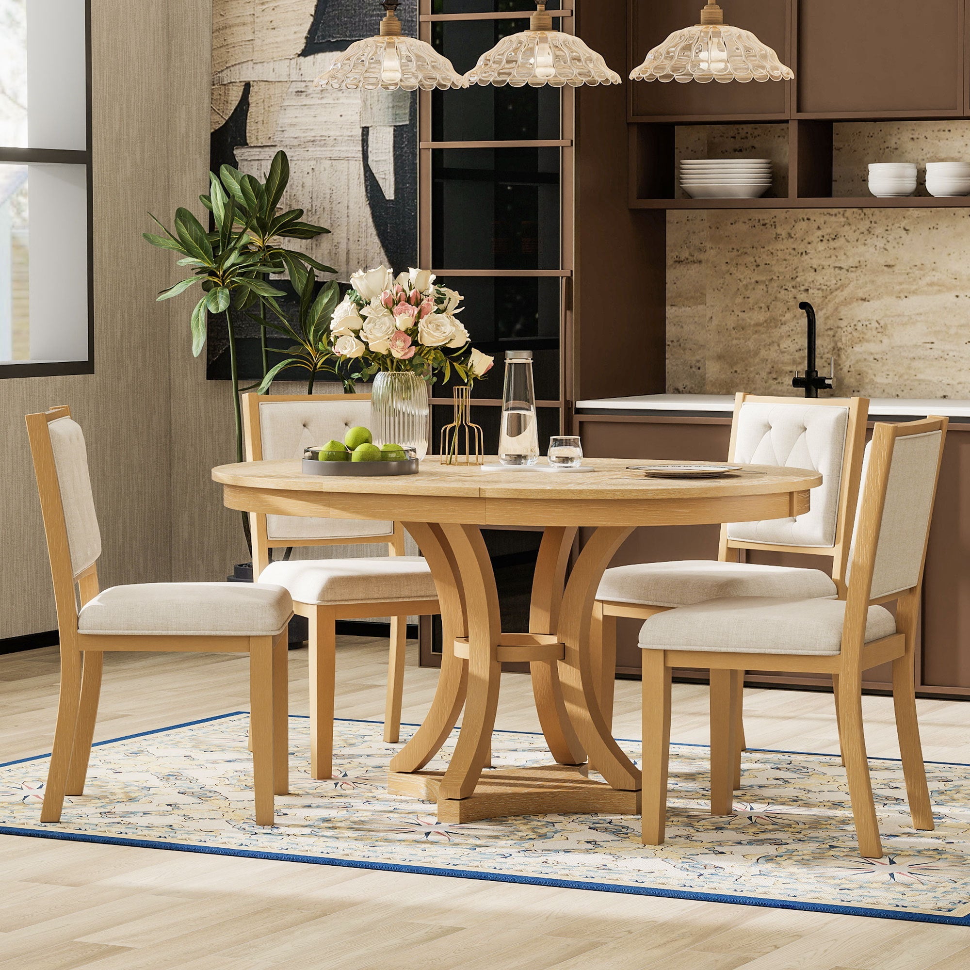 5-Piece Retro Functional Dining Table Set Extendable Round Table and 4