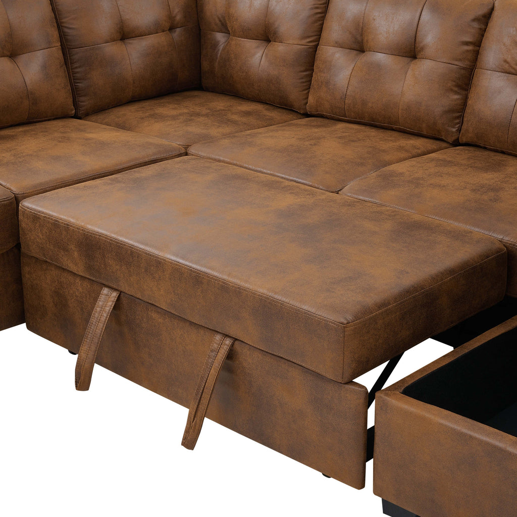 Sofa Bed U-Shape Faux Leather Brown Sleeper Storage Chaise 114 In