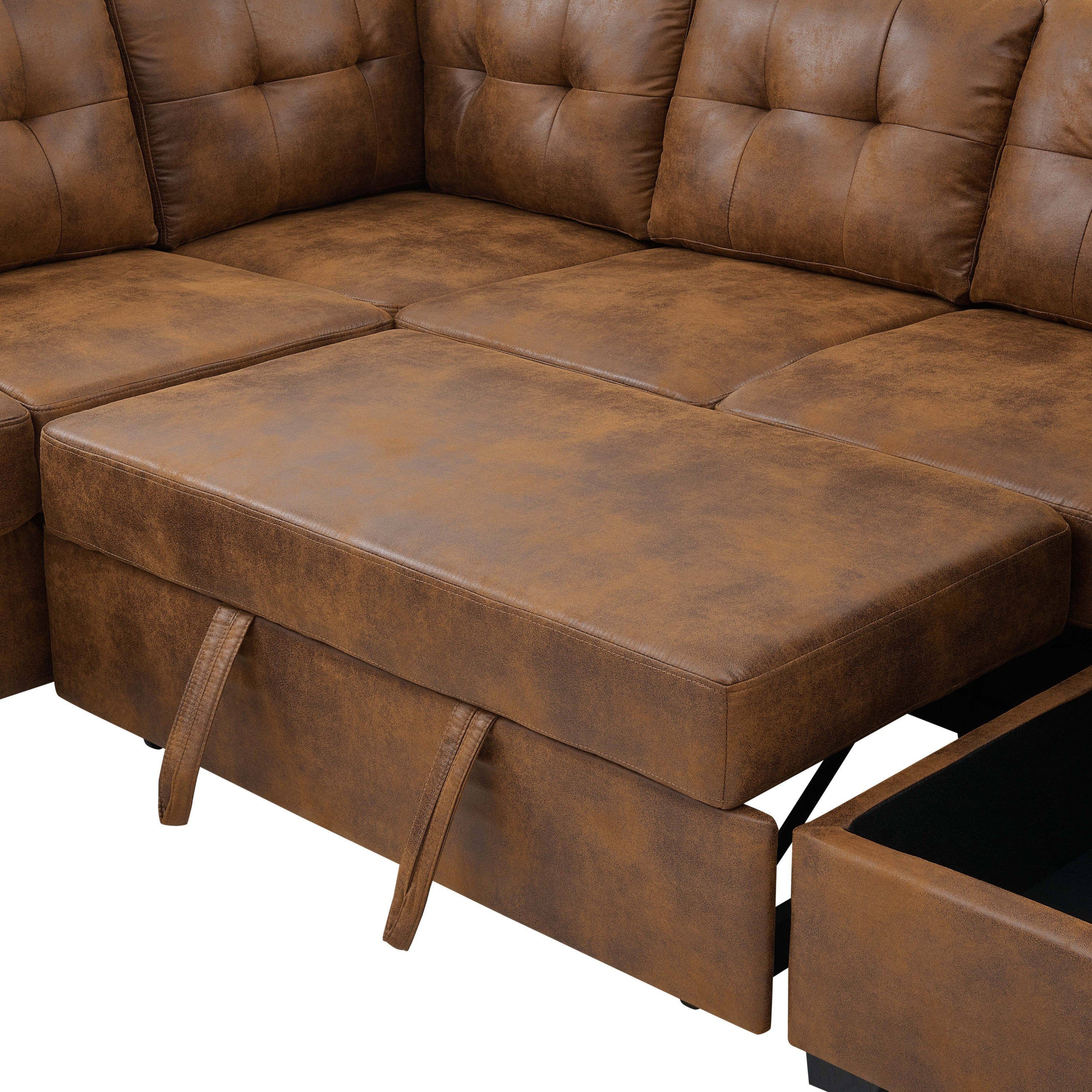 Sofa Bed U-Shape Faux Leather Brown Sleeper Storage Chaise 114 In
