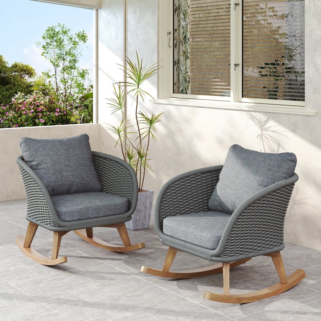 Outdoor Rocking Chair Rope Wood Gray Natural Set of 2 29.5in