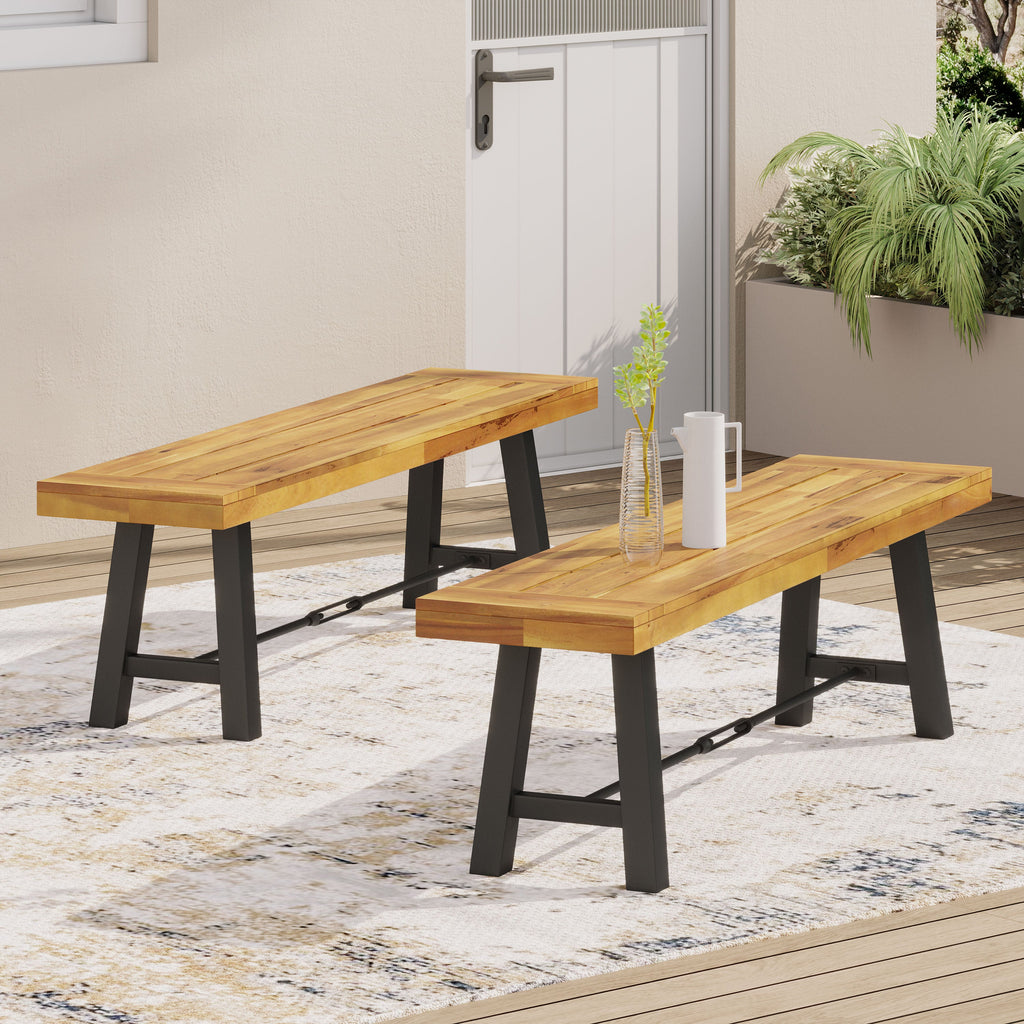 Outdoor Bench Acacia Wood Teak Slat Design Weather-Resistant 63x14.5x17.75 In