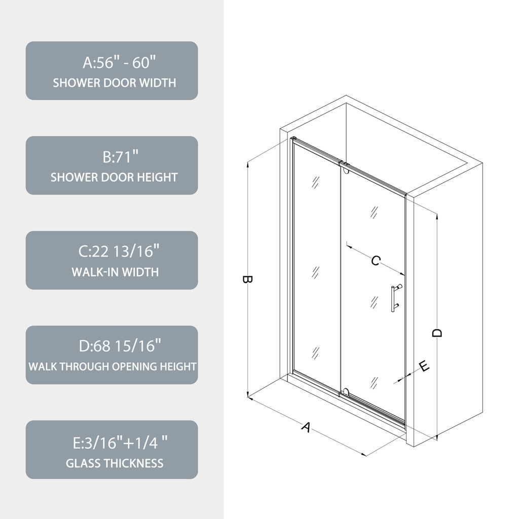 56-60in W x 71in H Pivot Swing Glass Shower Door, Matte Black, 6mm Clear SGCC