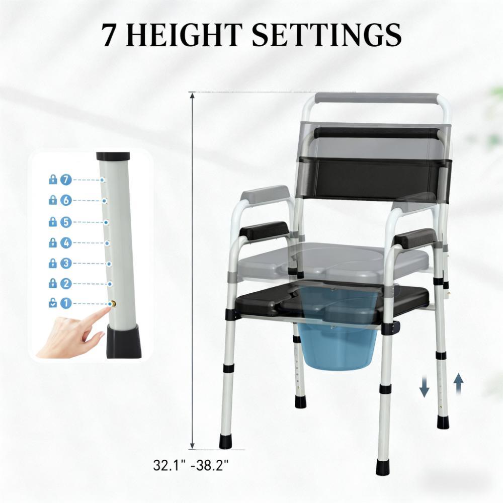 Commode Chair Adjustable 7-Level Steel Black 331 LB Foldable Removable Bucket
