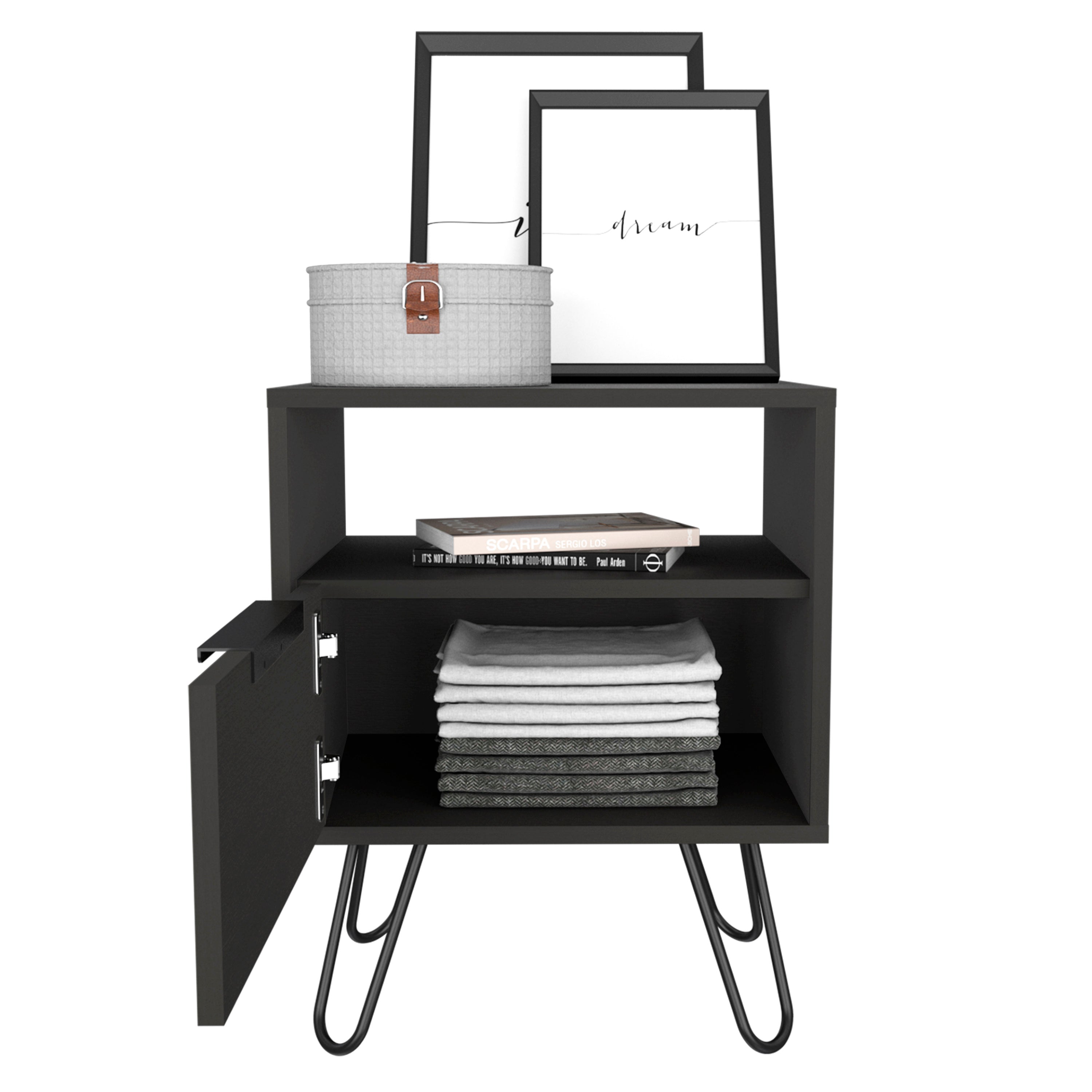 Set of 2 Modern Nightstands with Storage, Metal Legs, Wenge