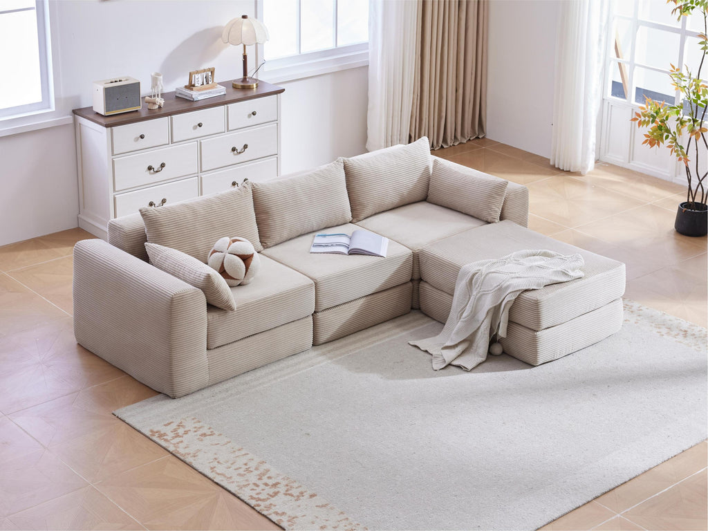 Sectional Sofa L-Shape Fabric Camel 4 Seat 100 In 5 Pillows No Assembly