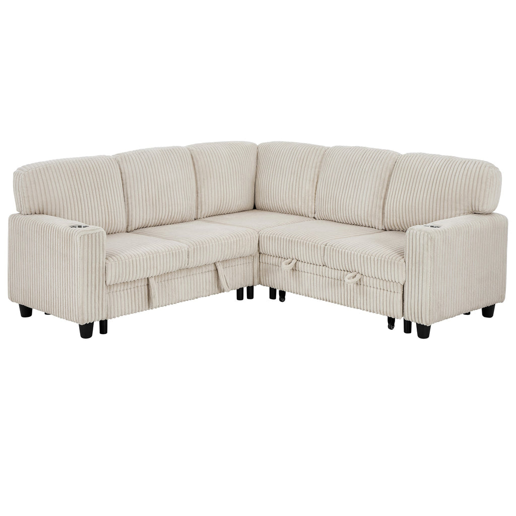 Sofa Bed L-Shape Corduroy Beige 5 Seat Pull-Out USB Ports 81 In