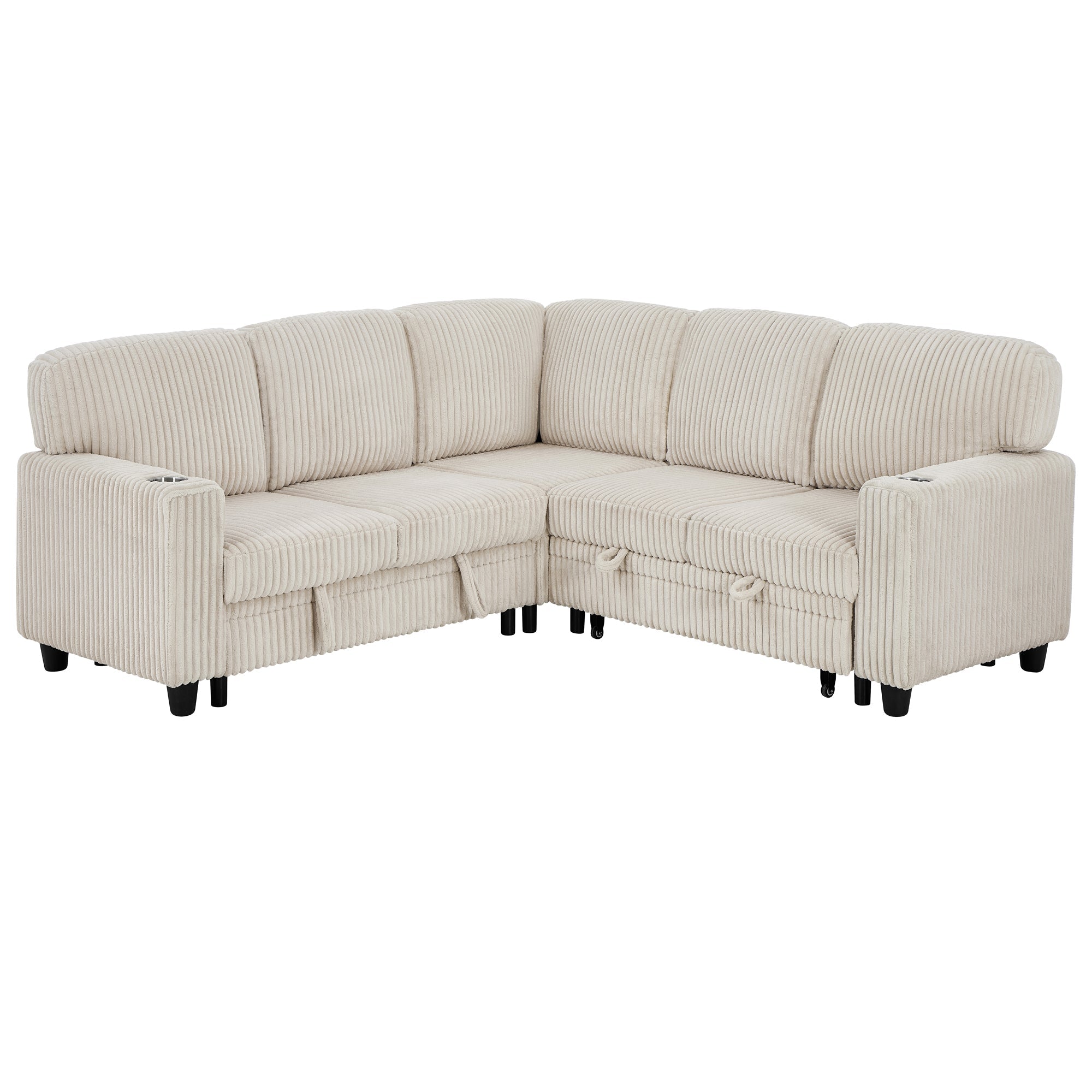 Sofa Bed L-Shape Corduroy Beige 5 Seat Pull-Out USB Ports 81 In