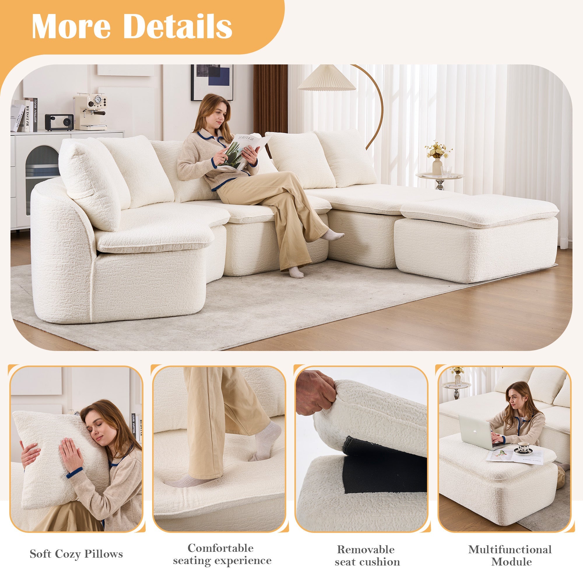 Sectional Sofa U-Shape Chenille Milk White 10 Seat Modular 128 In