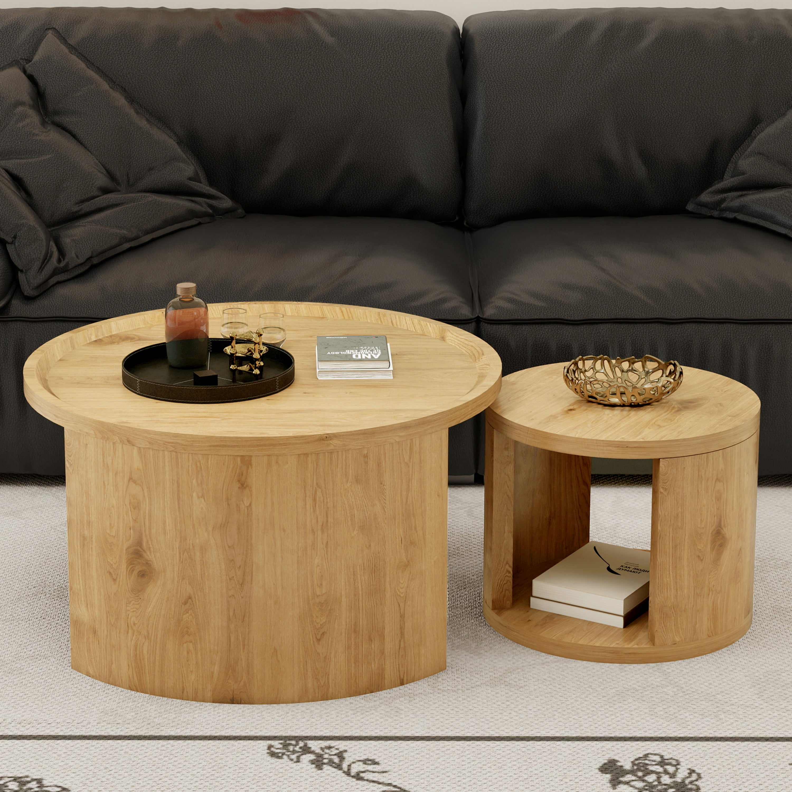 Round Nesting Coffee Table Set of 2, 31.5 and 18 in, Wood Top, Living Room
