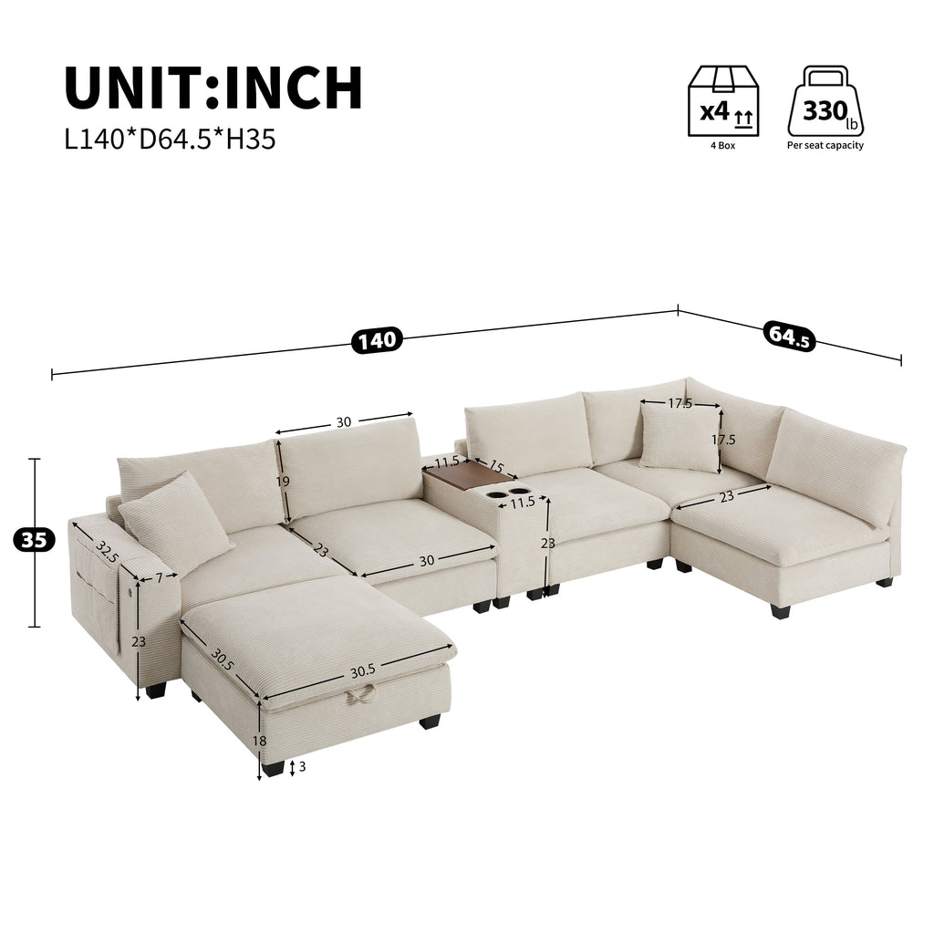 Sectional Sofa U-Shape Corduroy Beige 6 Seat Storage Ottoman USB 140 In