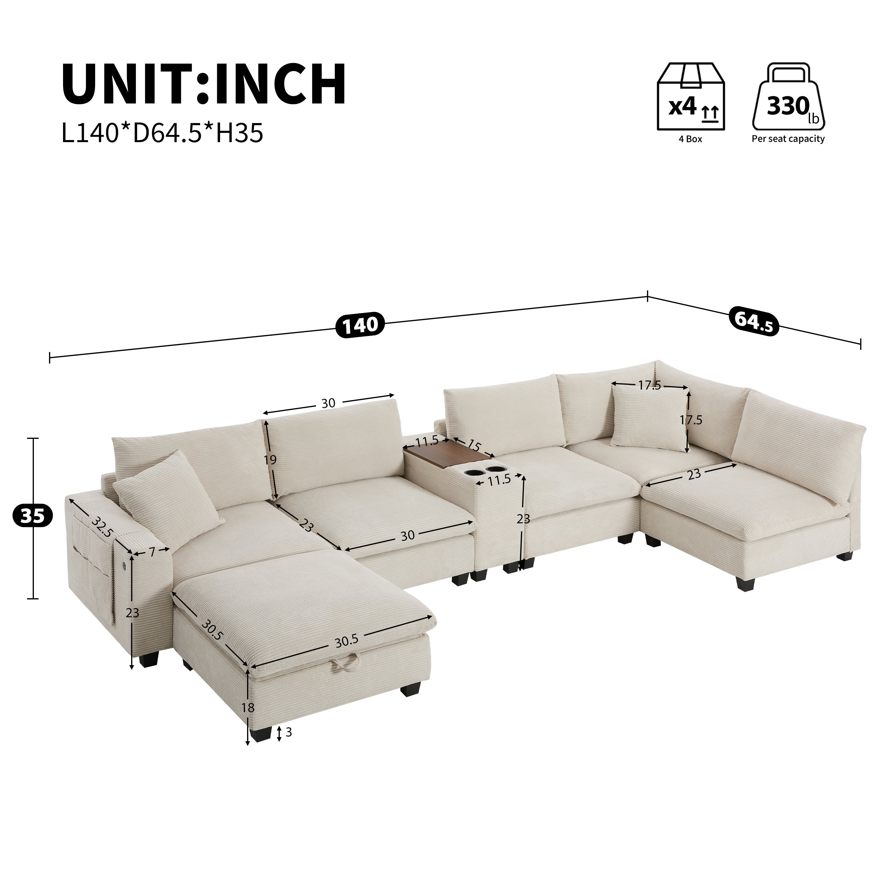 Sectional Sofa U-Shape Corduroy Beige 6 Seat Storage Ottoman USB 140 In