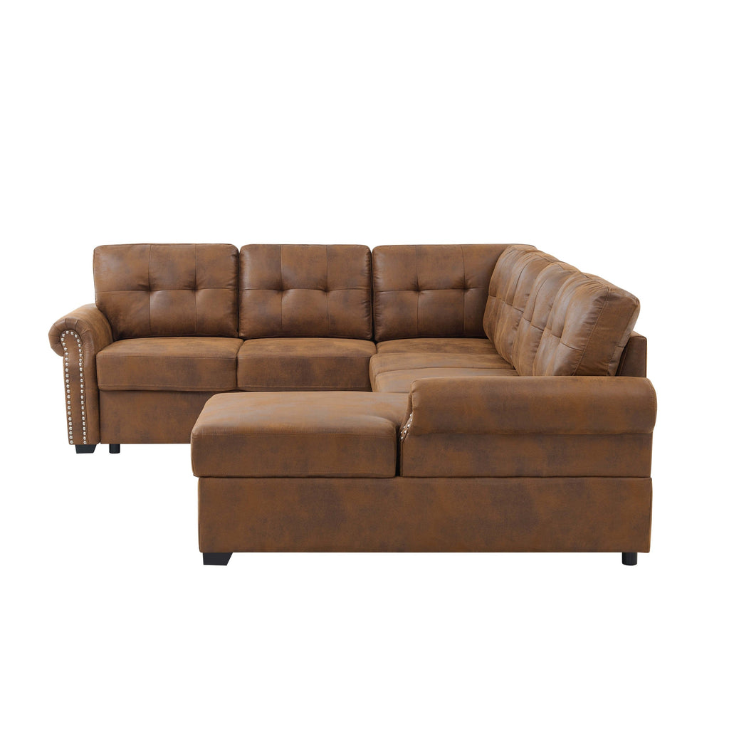 Sofa Bed U-Shape Faux Leather Brown Sleeper Storage Chaise 114 In