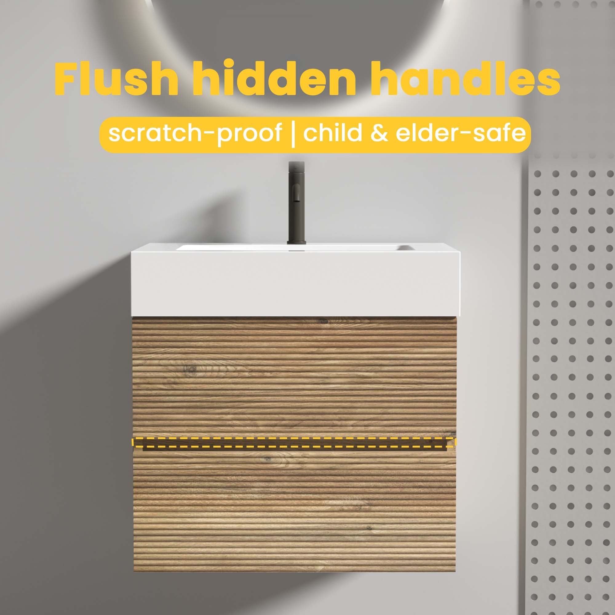 24' Rough Oak Bathroom Vanity with White Glossy Engineered Quartz Sink Soft Drawers