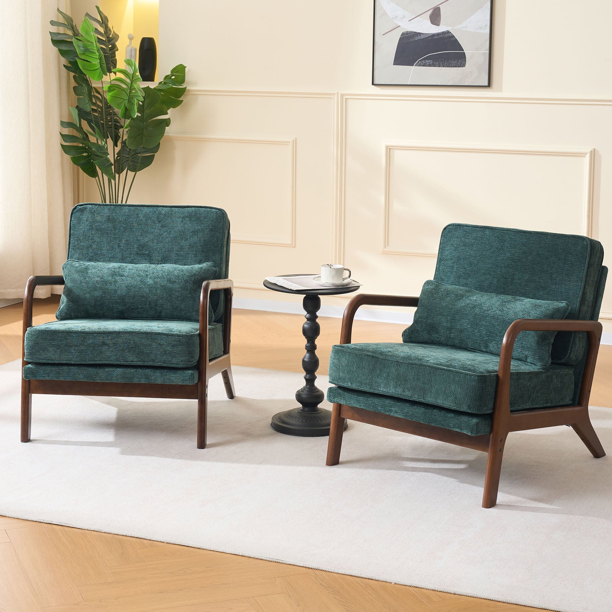 Accent Chair Mid-Century Lounge Dark Green Lumbar Cushion Wood Arms 26x29x30 In