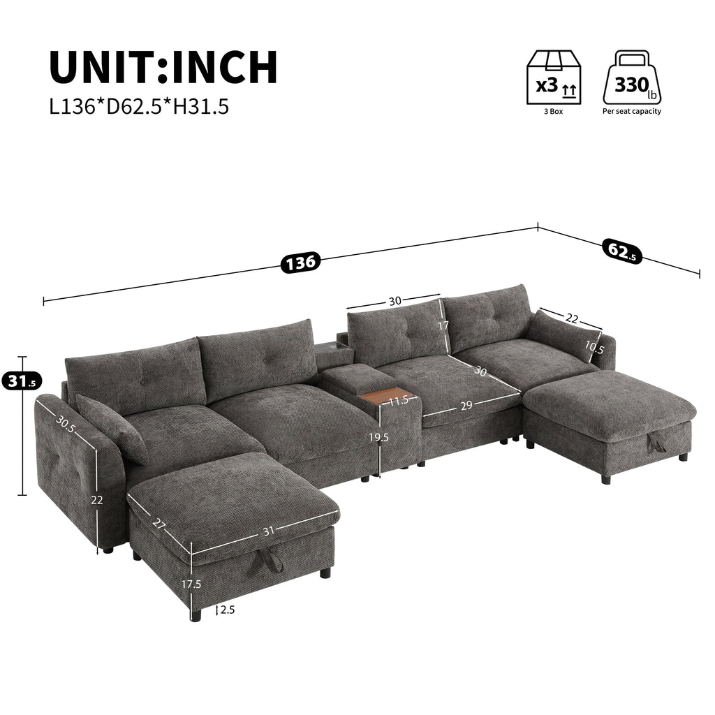 Sectional Sofa U-Shape Chenille Gray 6 Seat USB Console 136 In