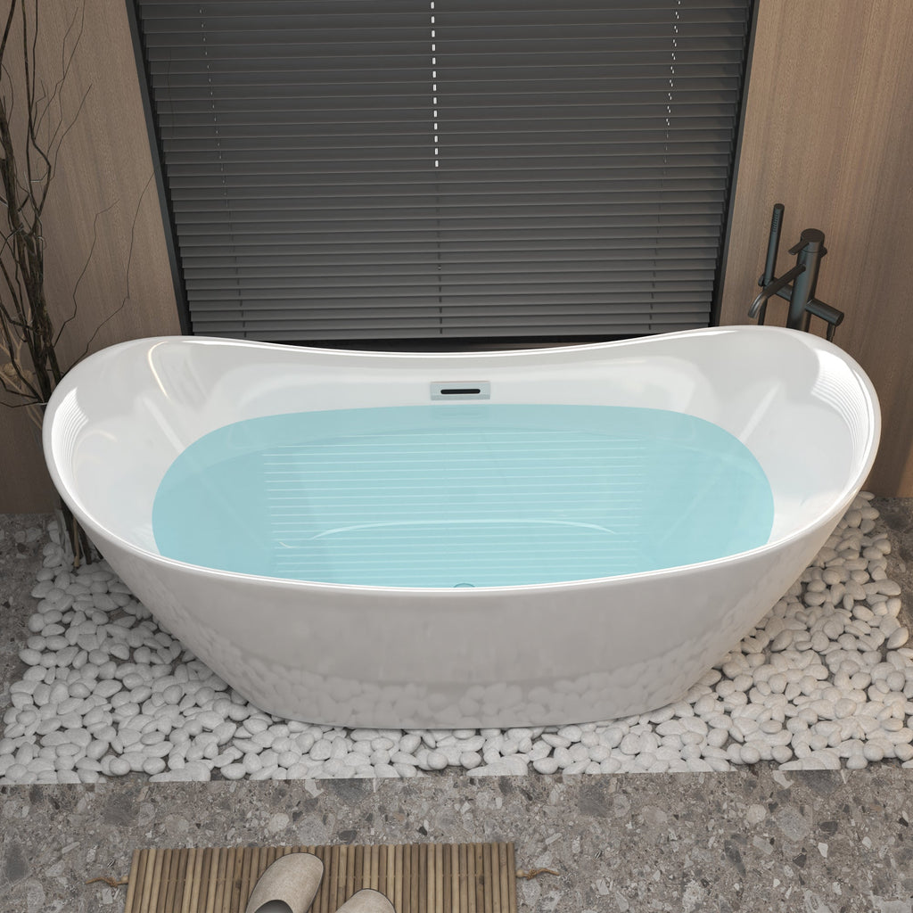 Modern Acrylic Freestanding Tub, Gloss White, Chrome Overflow and Pop-Up Drain