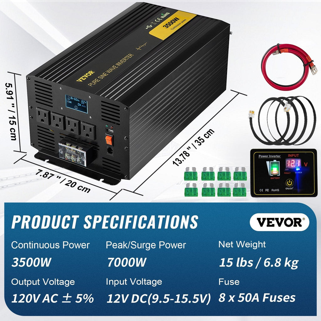 Pure Sine Wave Inverter 3500W, DC 12V to AC 120V, USB, LCD, GFCI, for RV Solar
