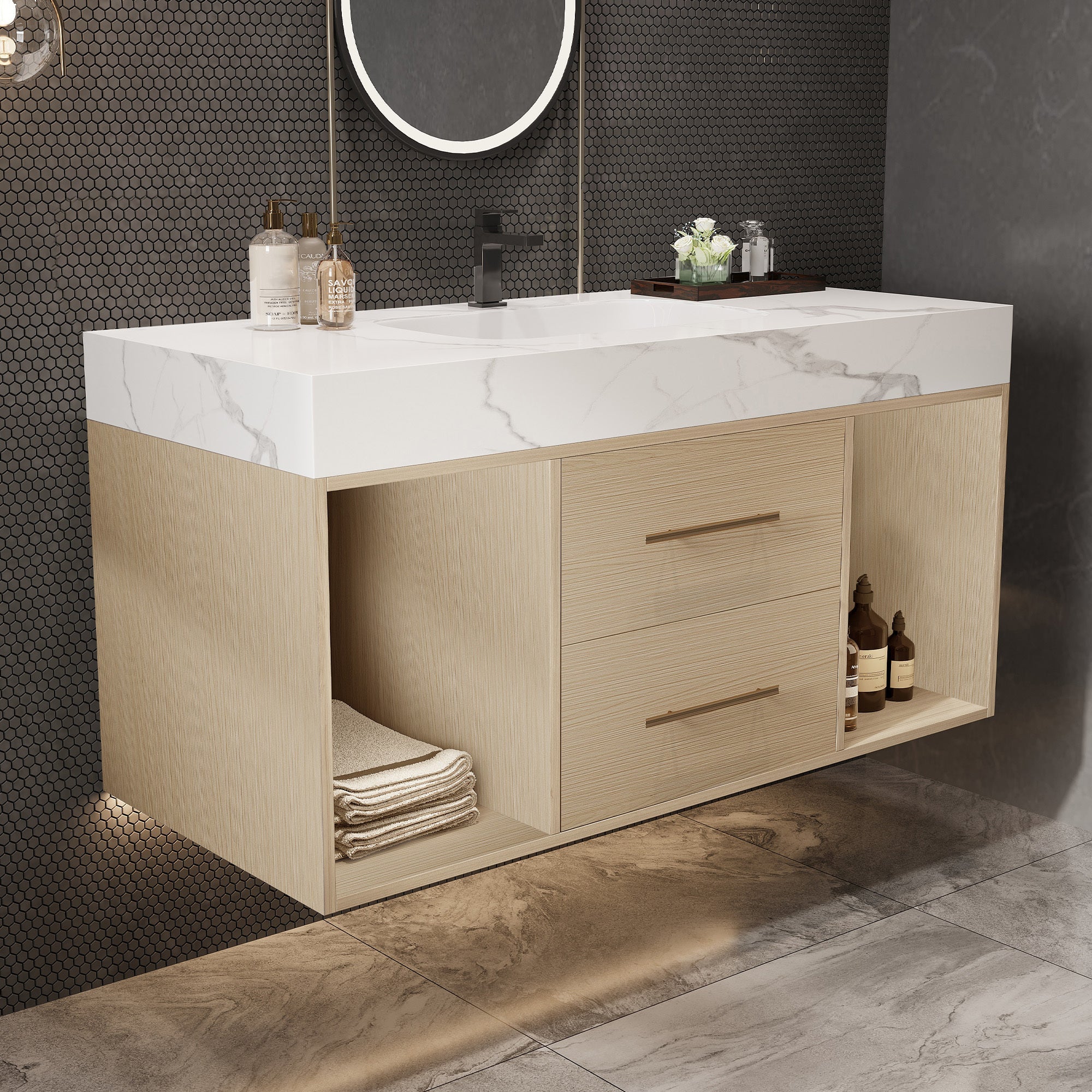39.4'' Floating Bathroom Vanity with Ceramic Sink, 2 Soft Close Drawers