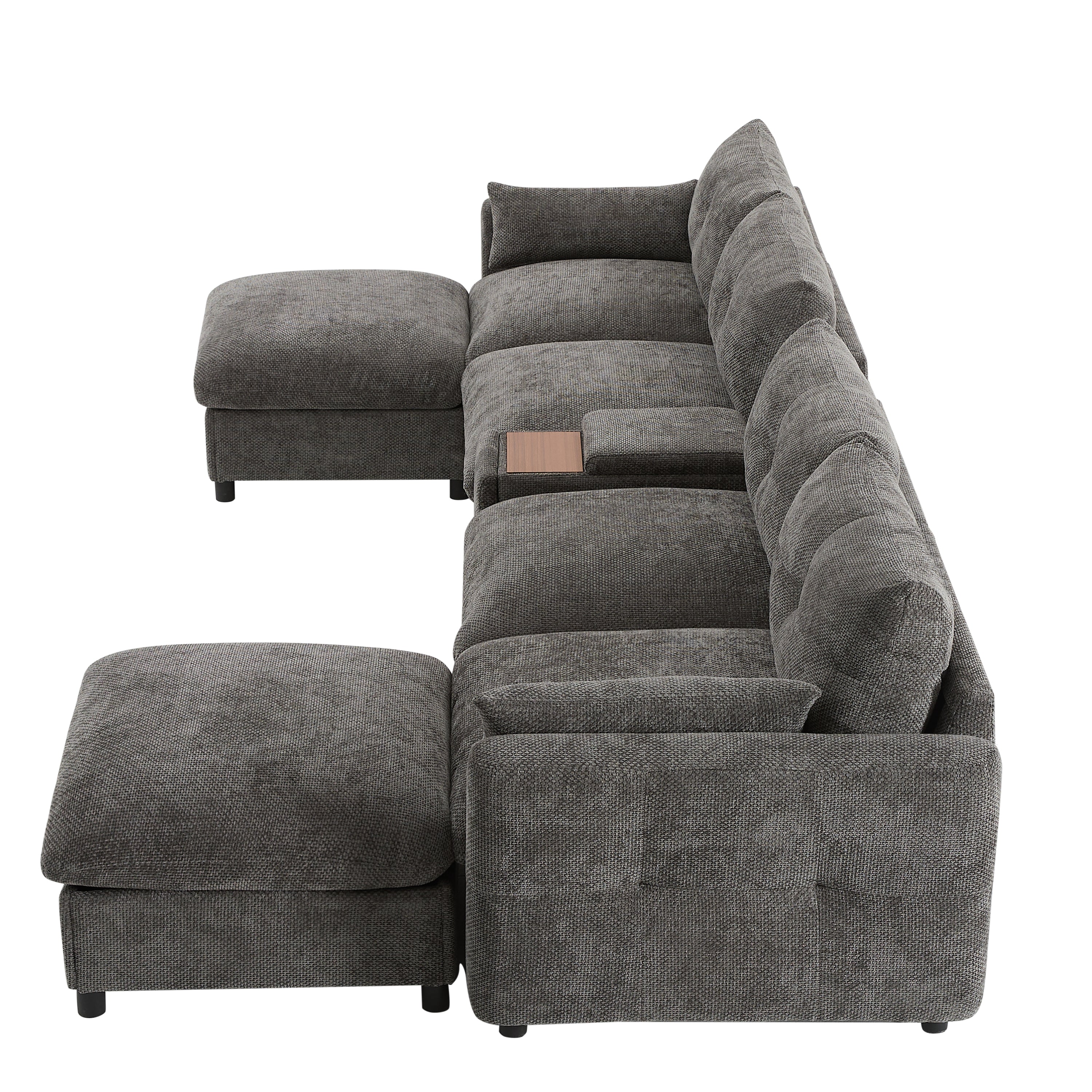 Sectional Sofa U-Shape Chenille Gray 6 Seat USB Console 136 In