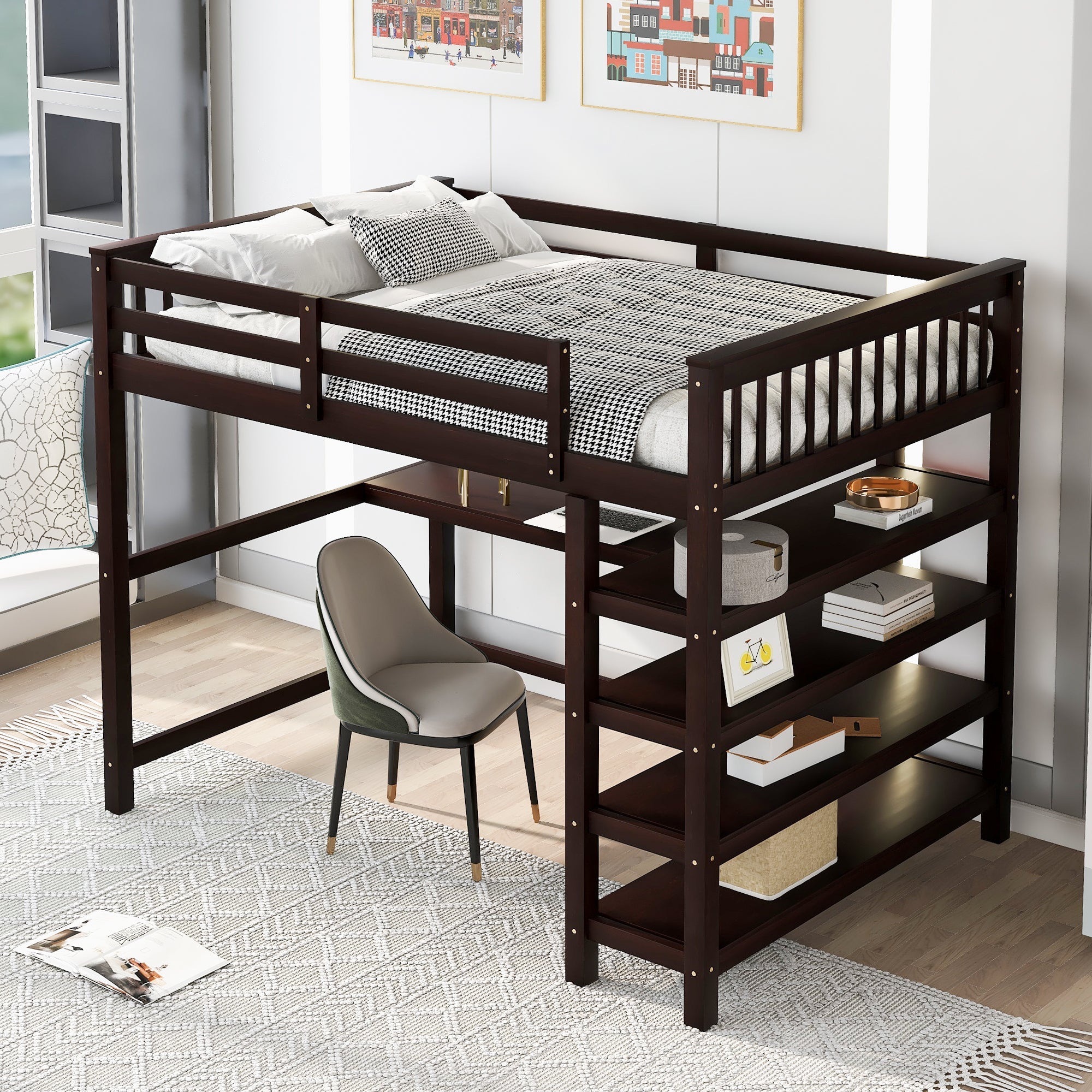 Espresso Full Size Loft Bed with Storage Shelves and Under-bed Desk, Solid Pi...