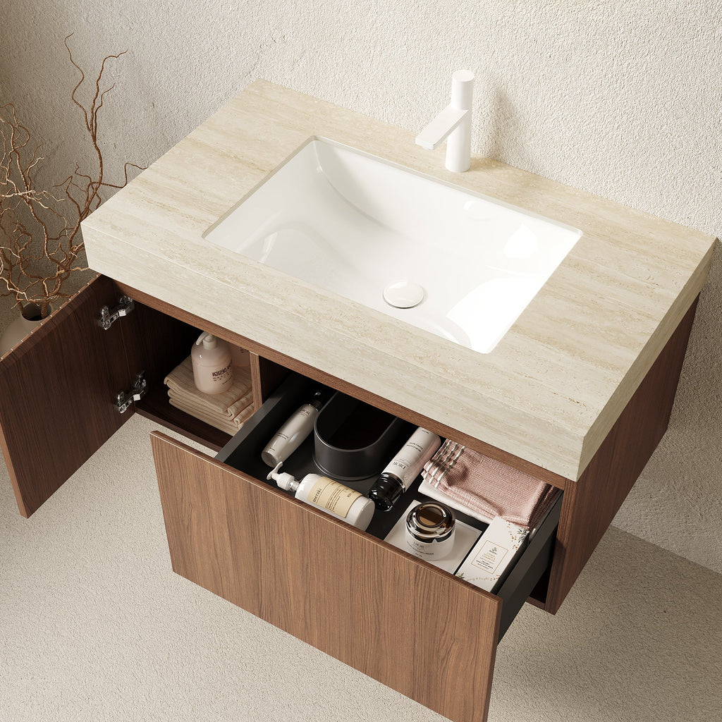 36' Bathroom Vanity with Sink, Floating Plywood Cabinet Roma Travertine Sintered Stone