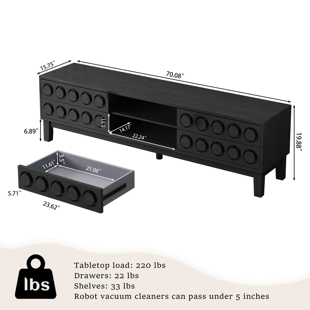 TV Stand Mid-Century Modern Solid Wood Gray Black 4-Drawer Fits 70 In TV
