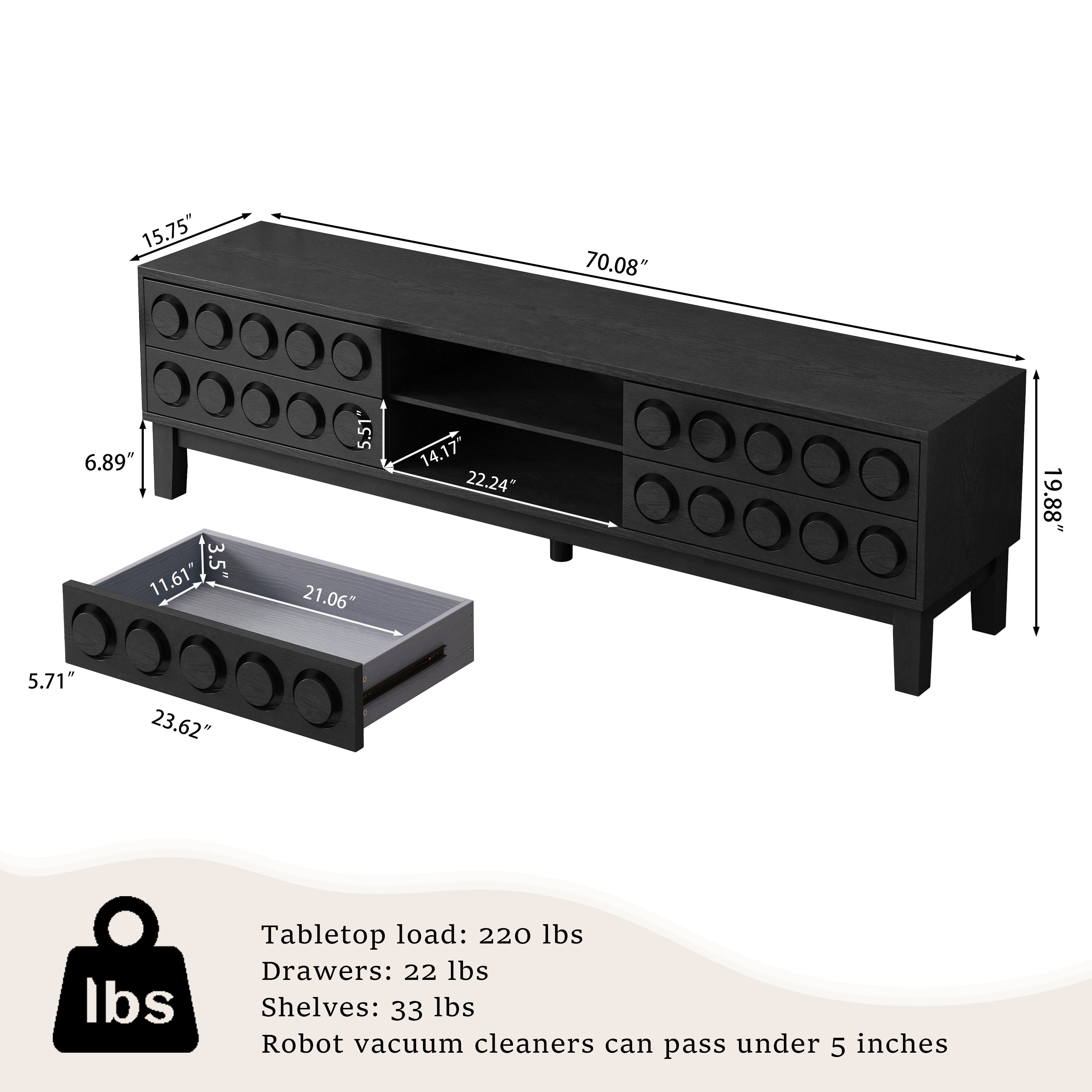 TV Stand Mid-Century Modern Solid Wood Gray Black 4-Drawer Fits 70 In TV