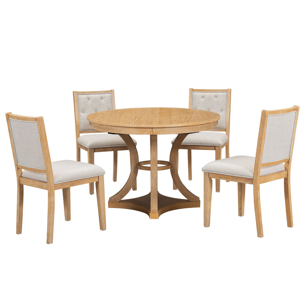 5-Piece Retro Functional Dining Table Set Extendable Round Table and 4