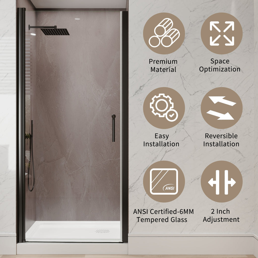 34-36 in. W x 72 in. H Pivot Frameless Shower Door, Matte Black, 1/4in Glass