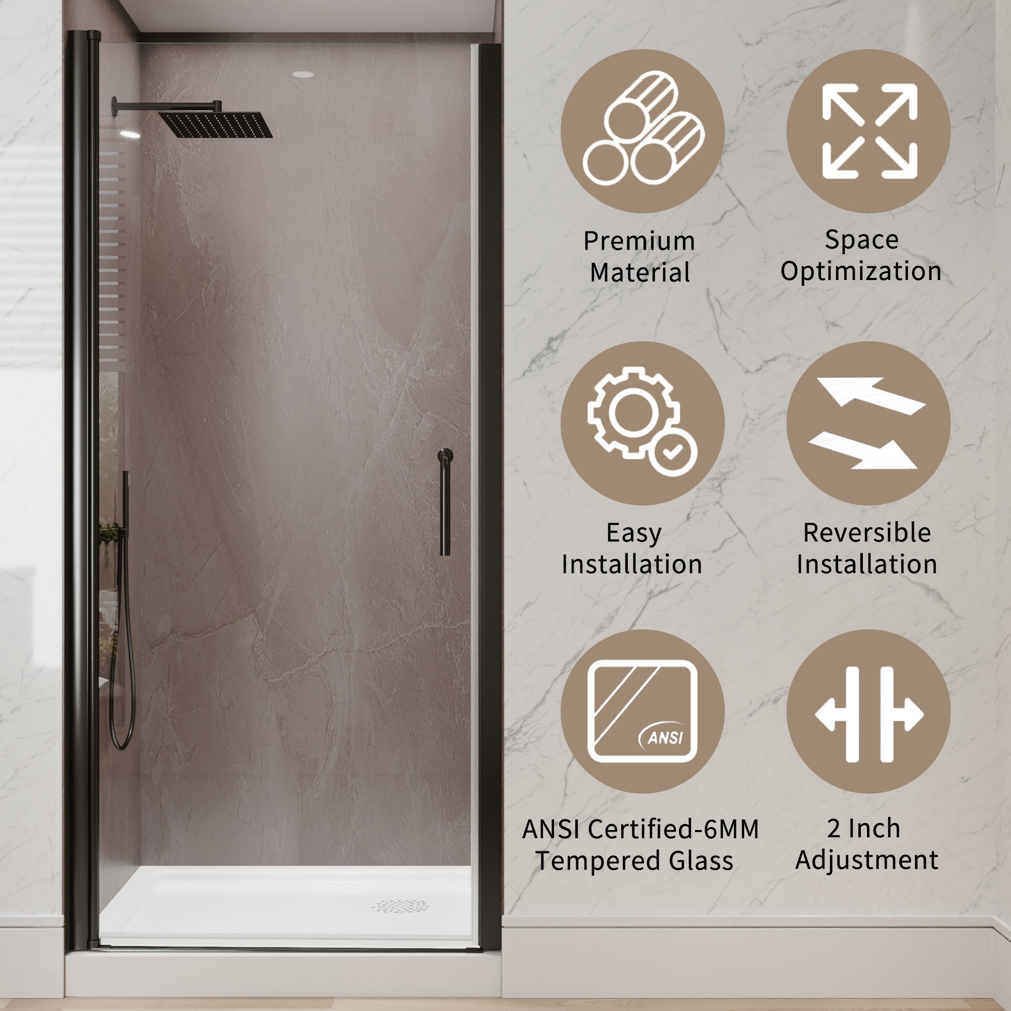 34-36 in. W x 72 in. H Pivot Frameless Shower Door, Matte Black, 1/4in Glass