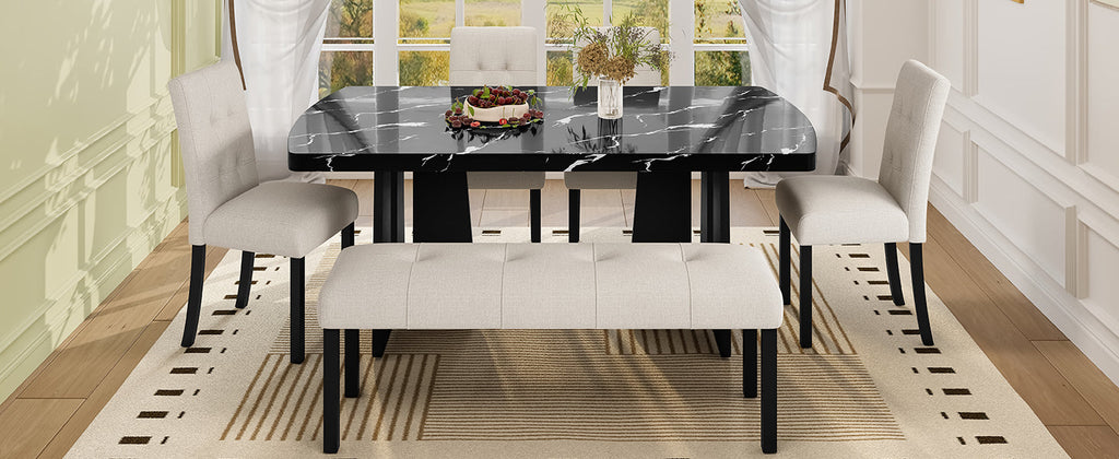 6 Piece Modern Dining Table Set, 63' Faux Marble Dining Table with Geometric