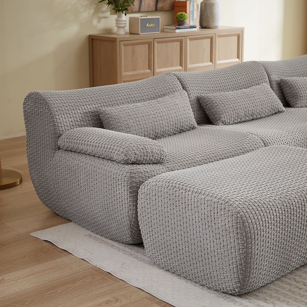 Sectional Sofa U-Shape Convertible Corduroy Gray 6 Seat Ottoman