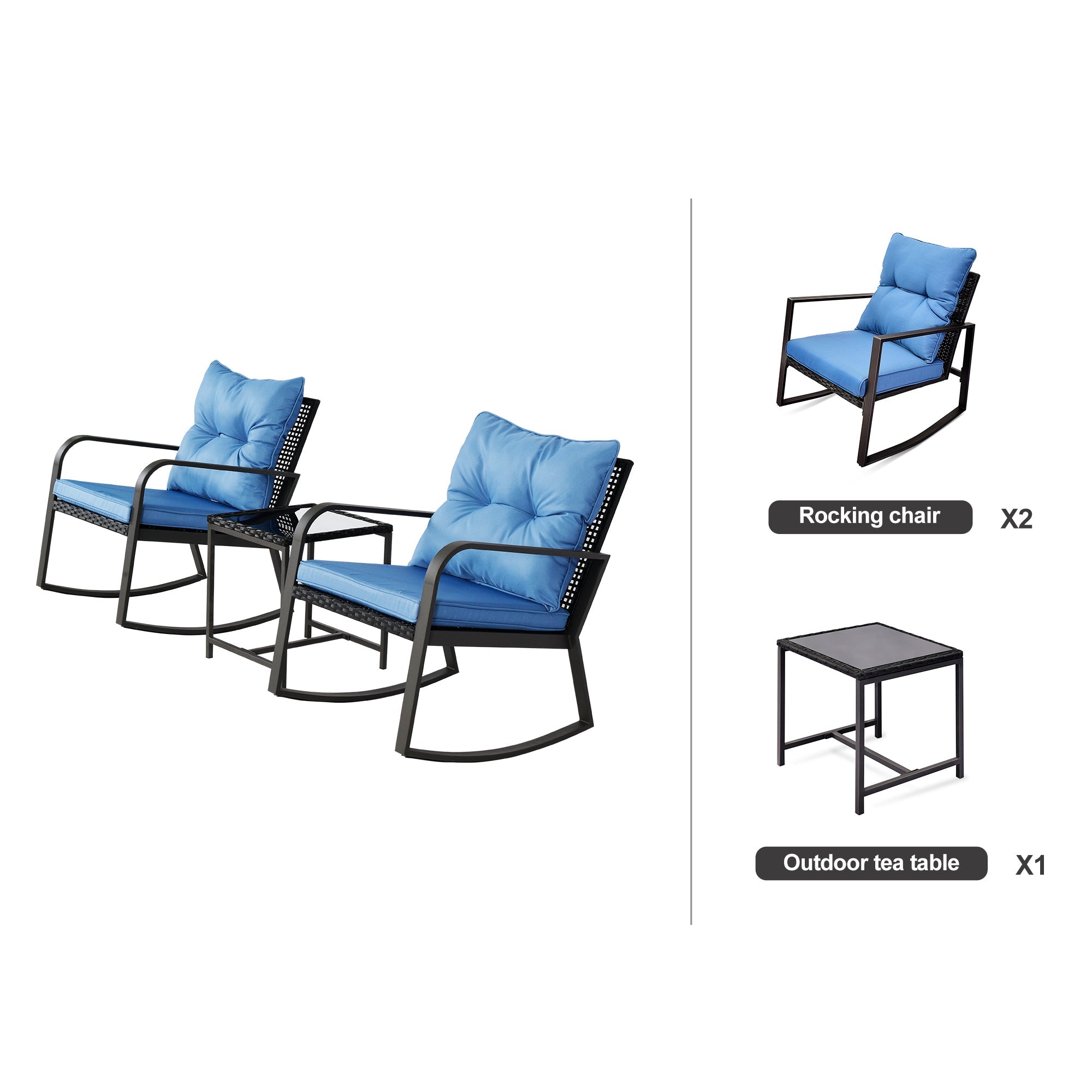 Outdoor Bistro Set Wicker Iron Blue 3 Piece Rocking Chairs Cushions Seats 2