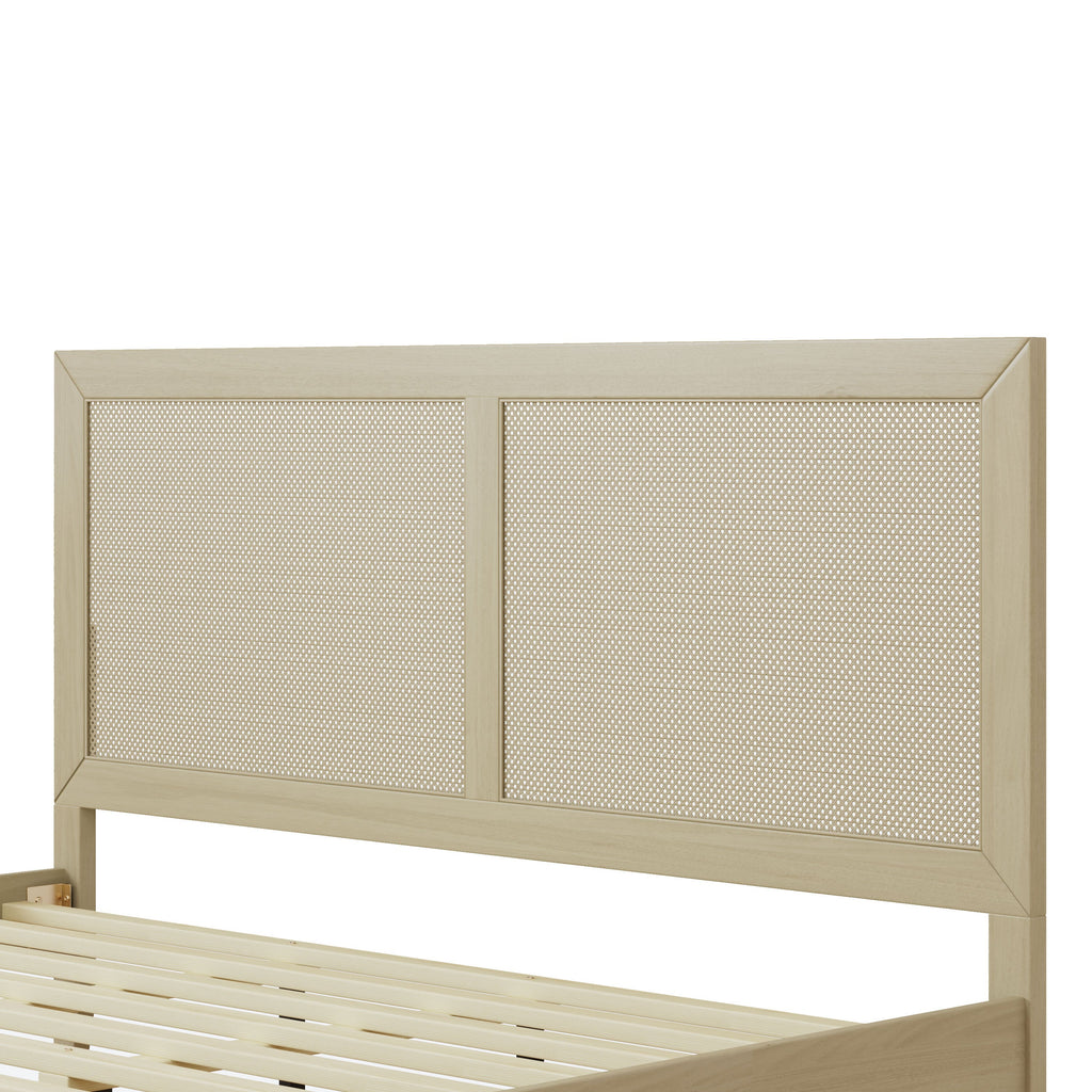 Solid Wood Platform King Bed With Rattan