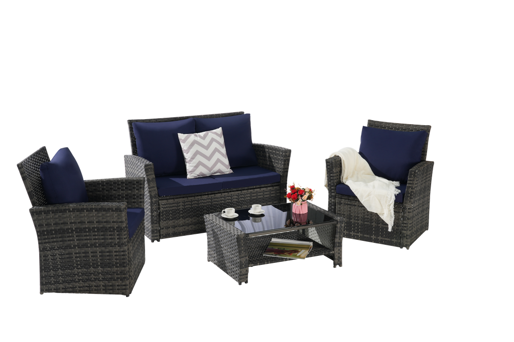 Outdoor Patio Set PE Rattan Steel Dark Blue 4 Piece Glass Seats 4