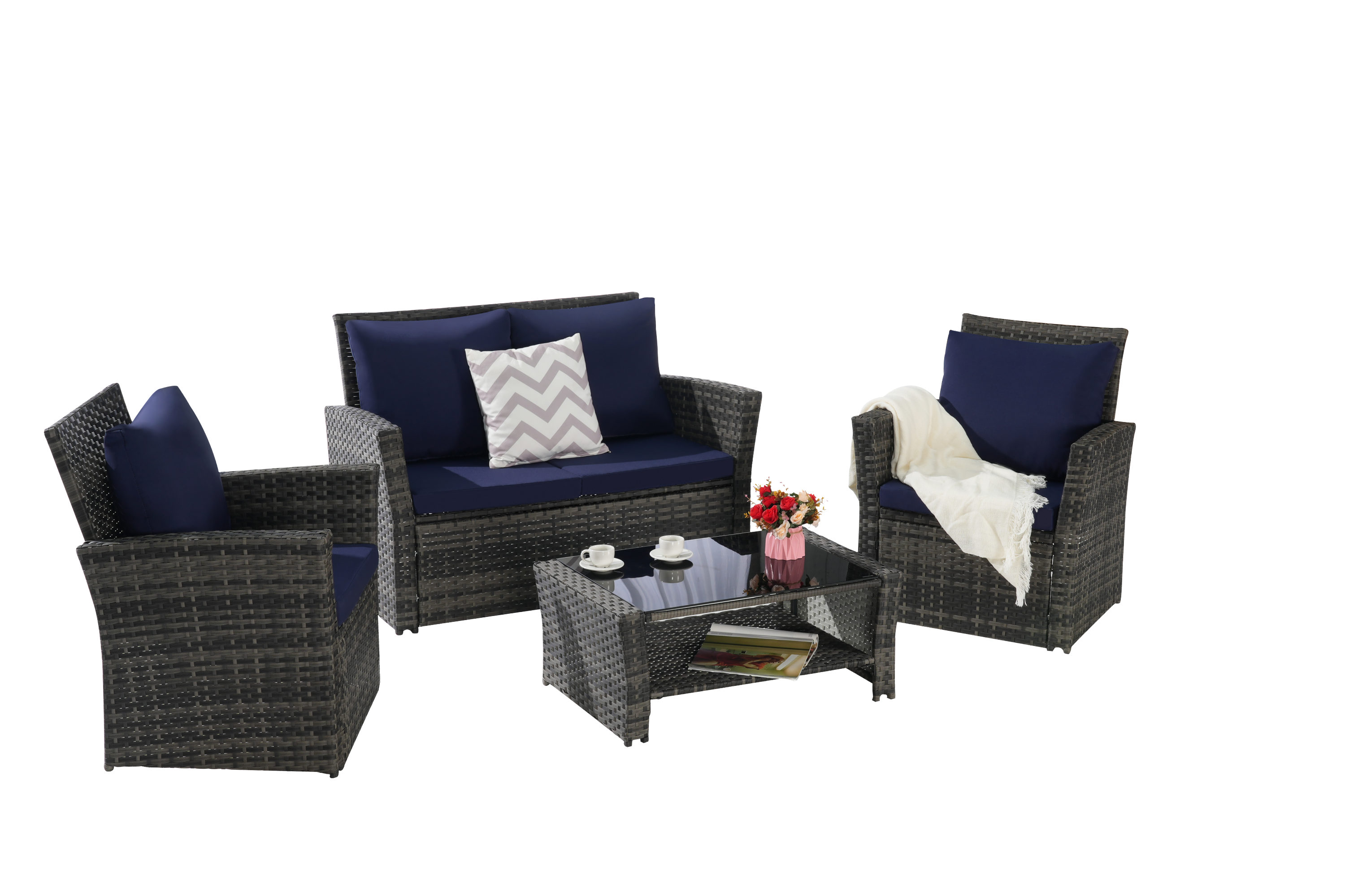 Outdoor Patio Set PE Rattan Steel Dark Blue 4 Piece Glass Seats 4