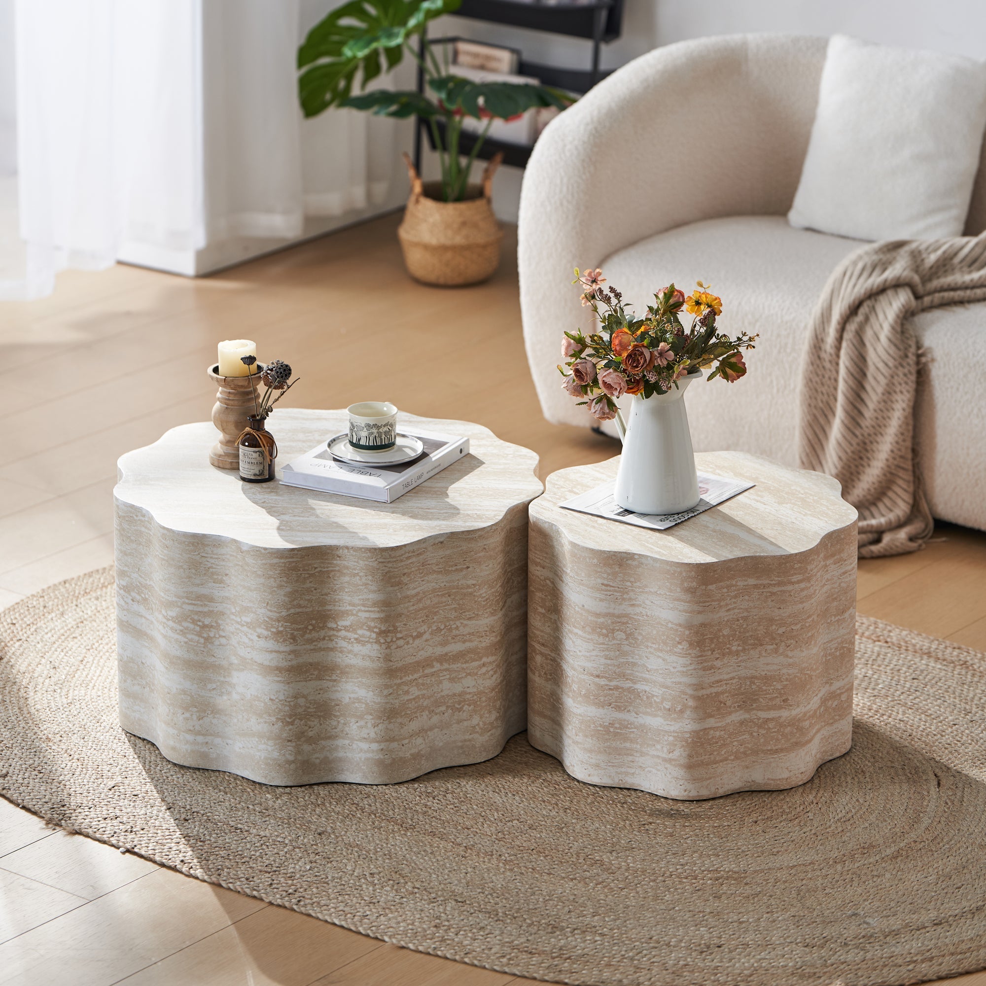 Set of 2 Round Coffee Side Tables, Faux Mars Pattern, Minimalist, Living Room