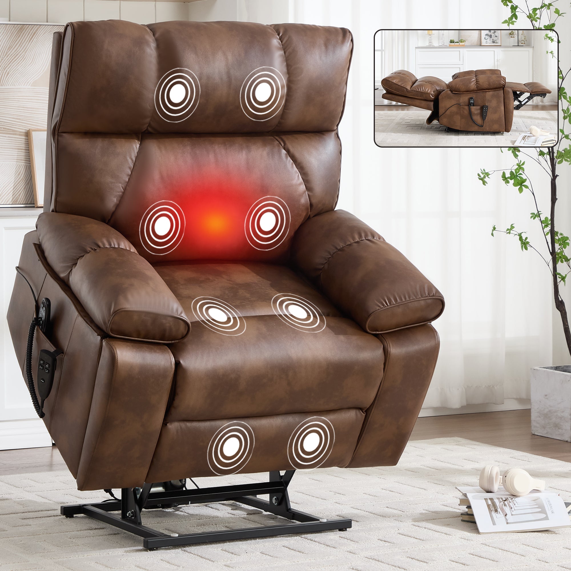 Lift Recliner Chair Power Faux Leather Brown Dual Motor Heat Massage 350 LB