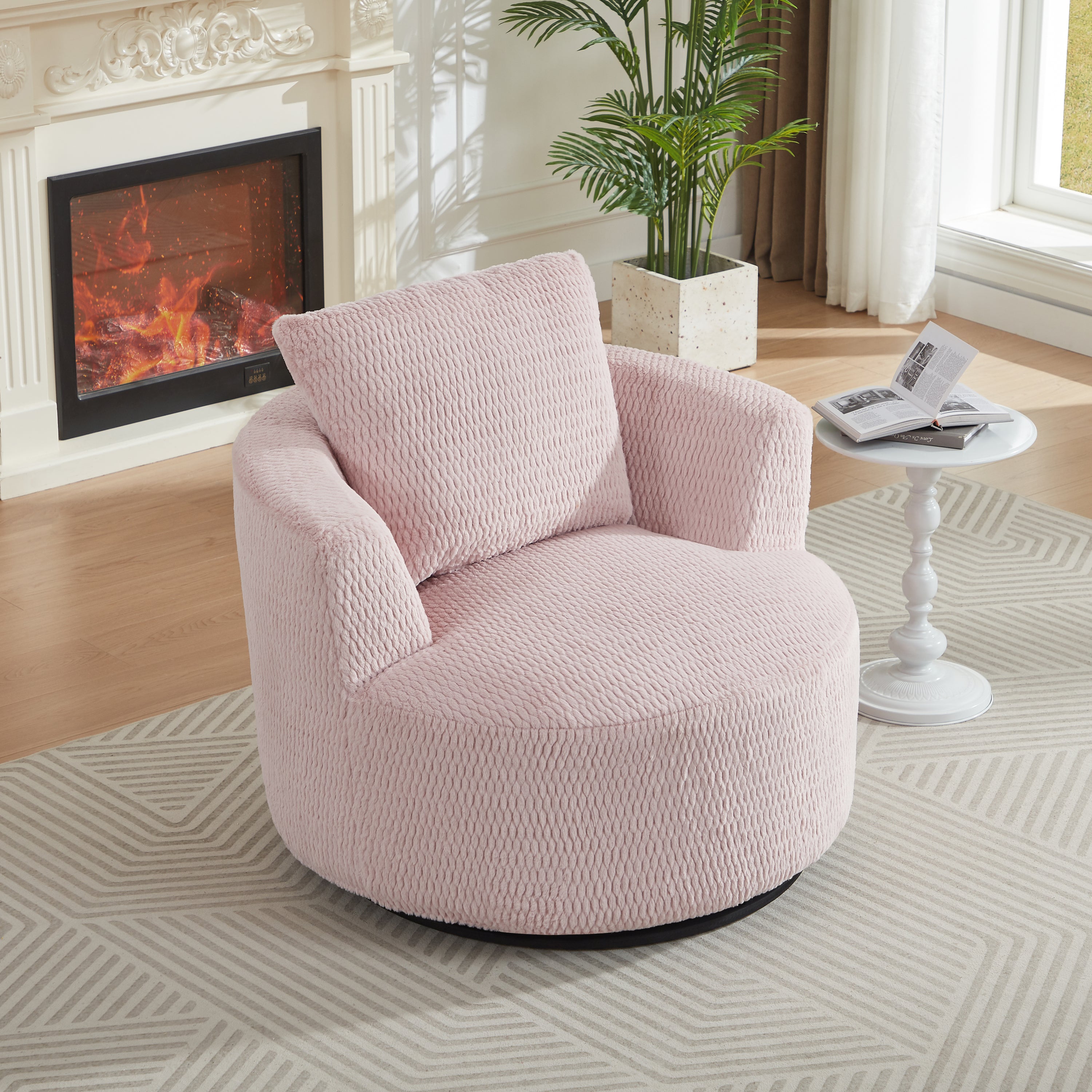Accent Chair Swivel 360 Degree Faux Fur Pink Pocket Spring No Assembly