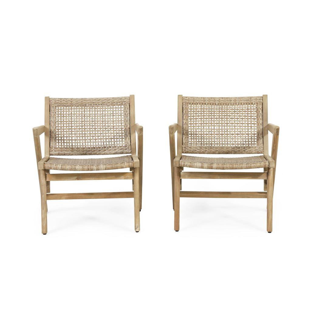 Club Chair Transitional Wicker Light Brown Acacia Frame Set of 2 24x27x28 In