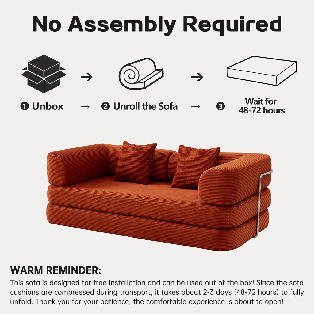 Sofa Bed Convertible 5-in-1 Corduroy Red Floor Steel Frame 74.8 In