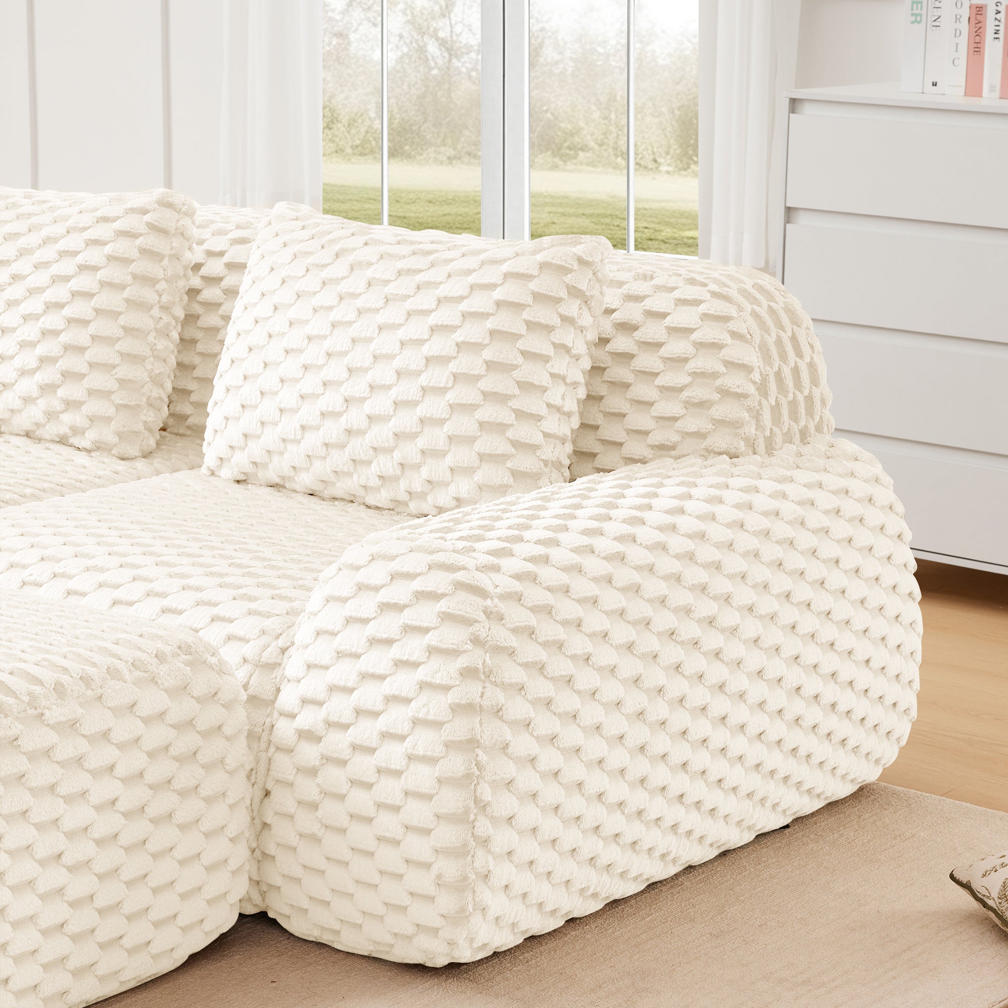 Sectional loveseat L-Shape Flannelette Cream 2 Seat with Ottoman 82 In
